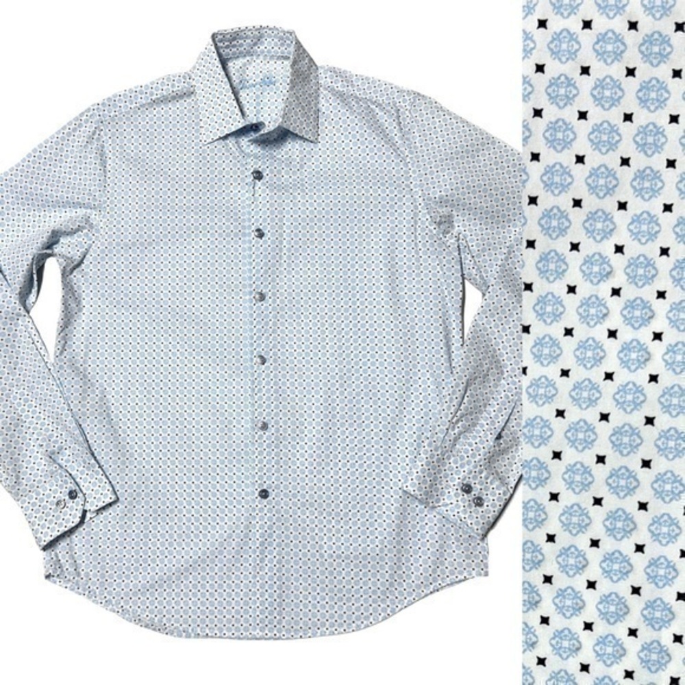 100% cotton Tasso Elba button down white blue geometric pattern size Small